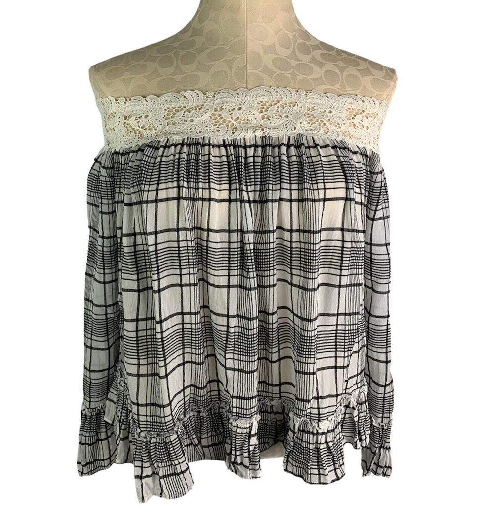 Size XS Loft Lace and Plaid Flowy Off the Shoulder Blouse Top